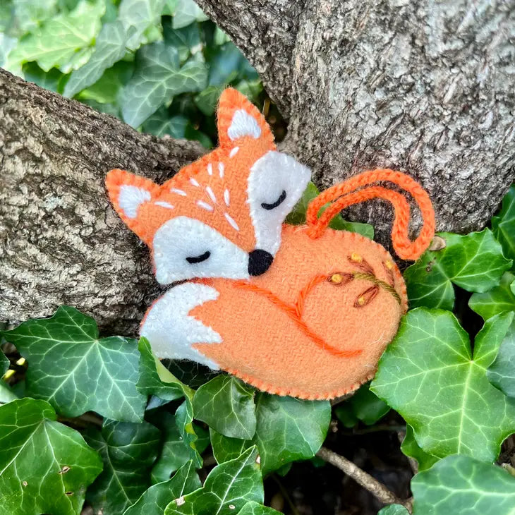 Sleeping Fox Embroidered Wool Ornament