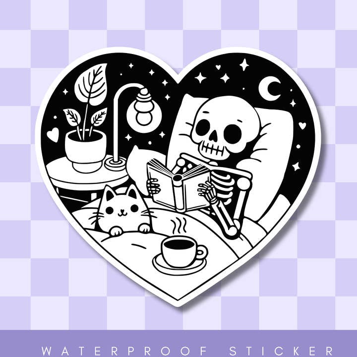 Cozy Reading Skeleton and Cat Vinyl Sticker