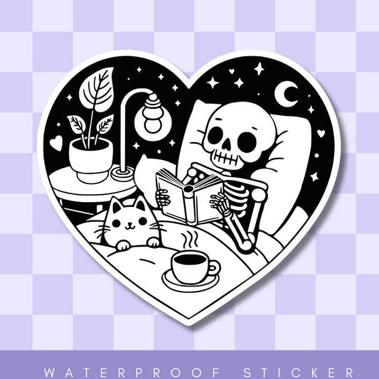 Cozy Reading Skeleton and Cat Vinyl Sticker