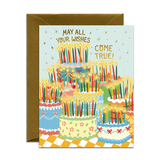 Many Wishes Retro Birthday Cakes Foil Stamped Birthday Card